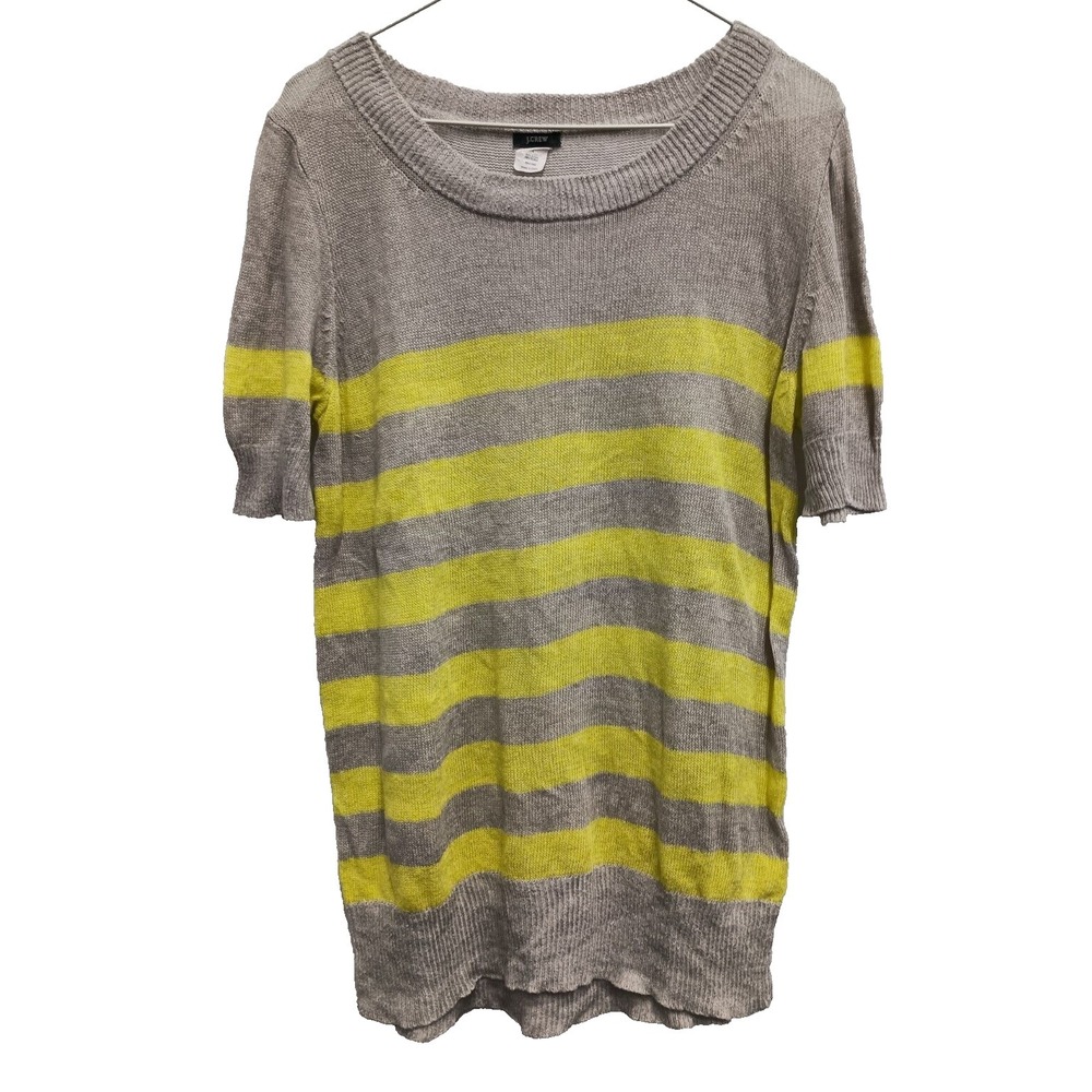J.Crew Sweater Womens Large Yellow Gray Striped Linen Blend Coastal Short sleeve